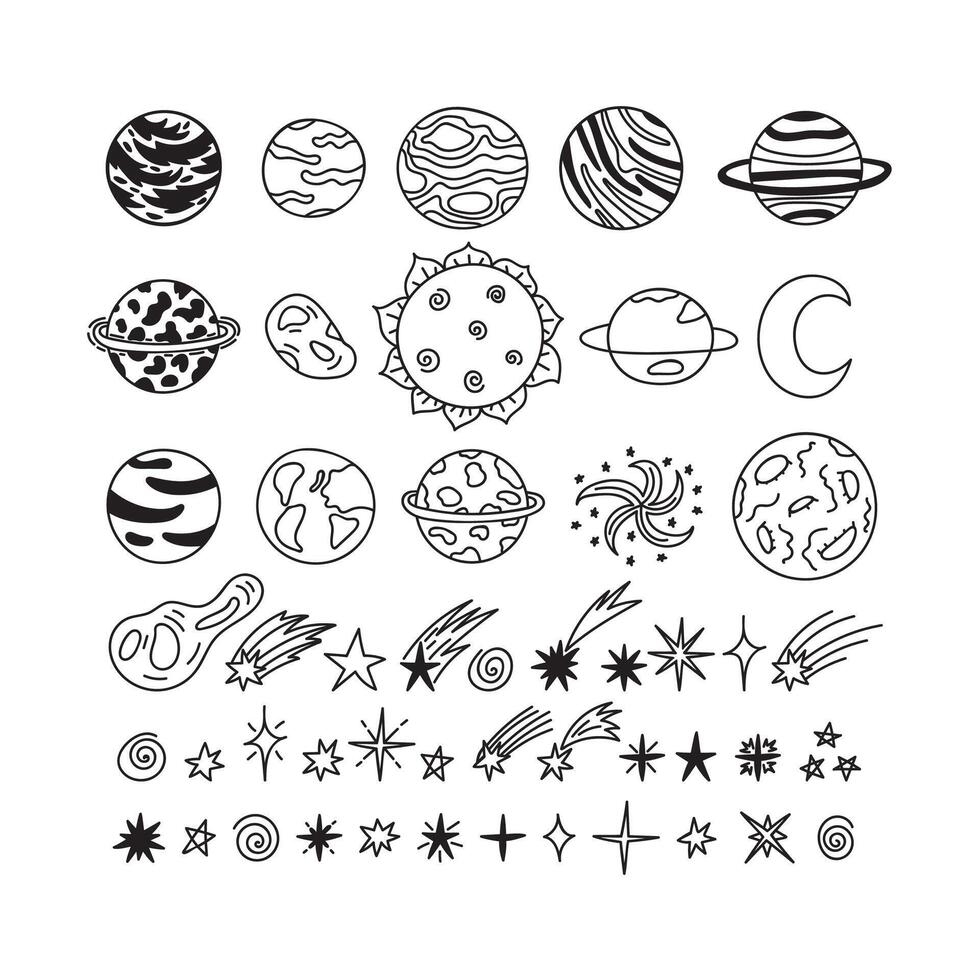 Hand drawn planets, stars, asteroids and other space objects. Cute doodle style. Sketch set of space elements and symbols. Universe, galaxy vector