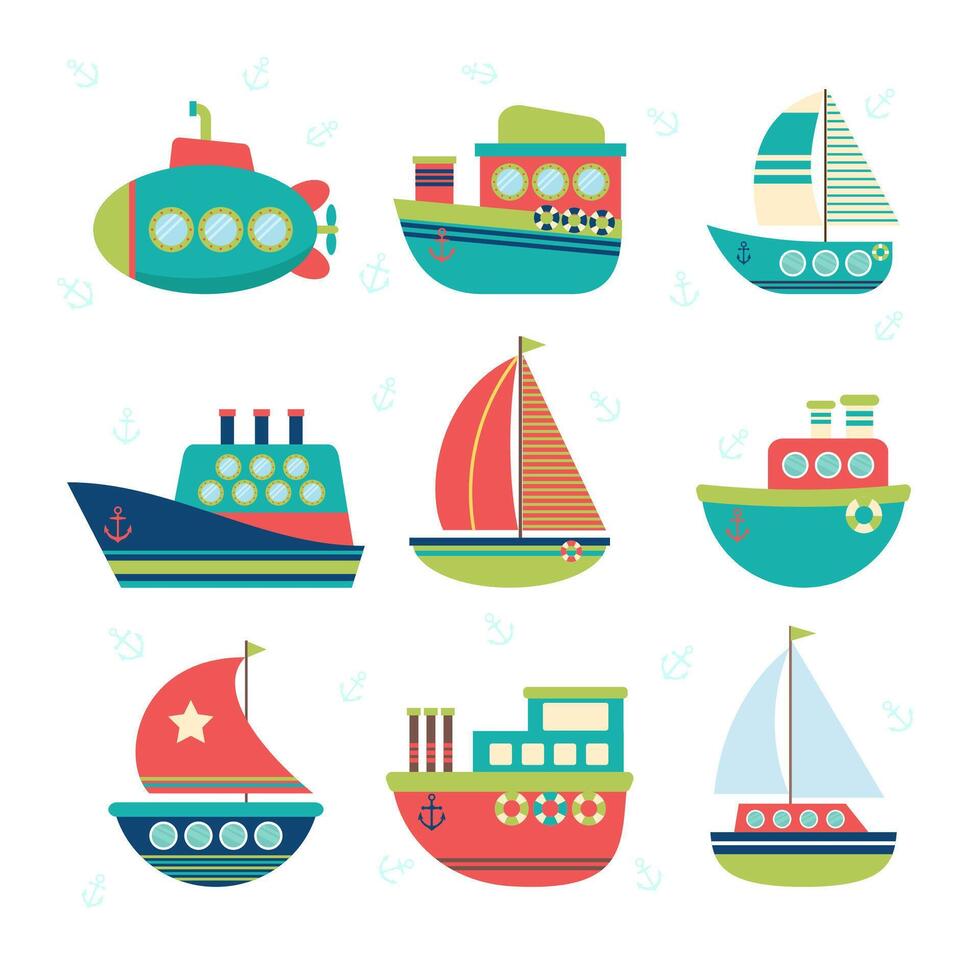 Different kind of boats. Set of sea transport. Fishing boats, yachts and sailboats vector