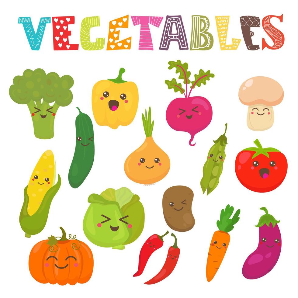 Cute kawaii smiling vegetables. Healthy style collection vector