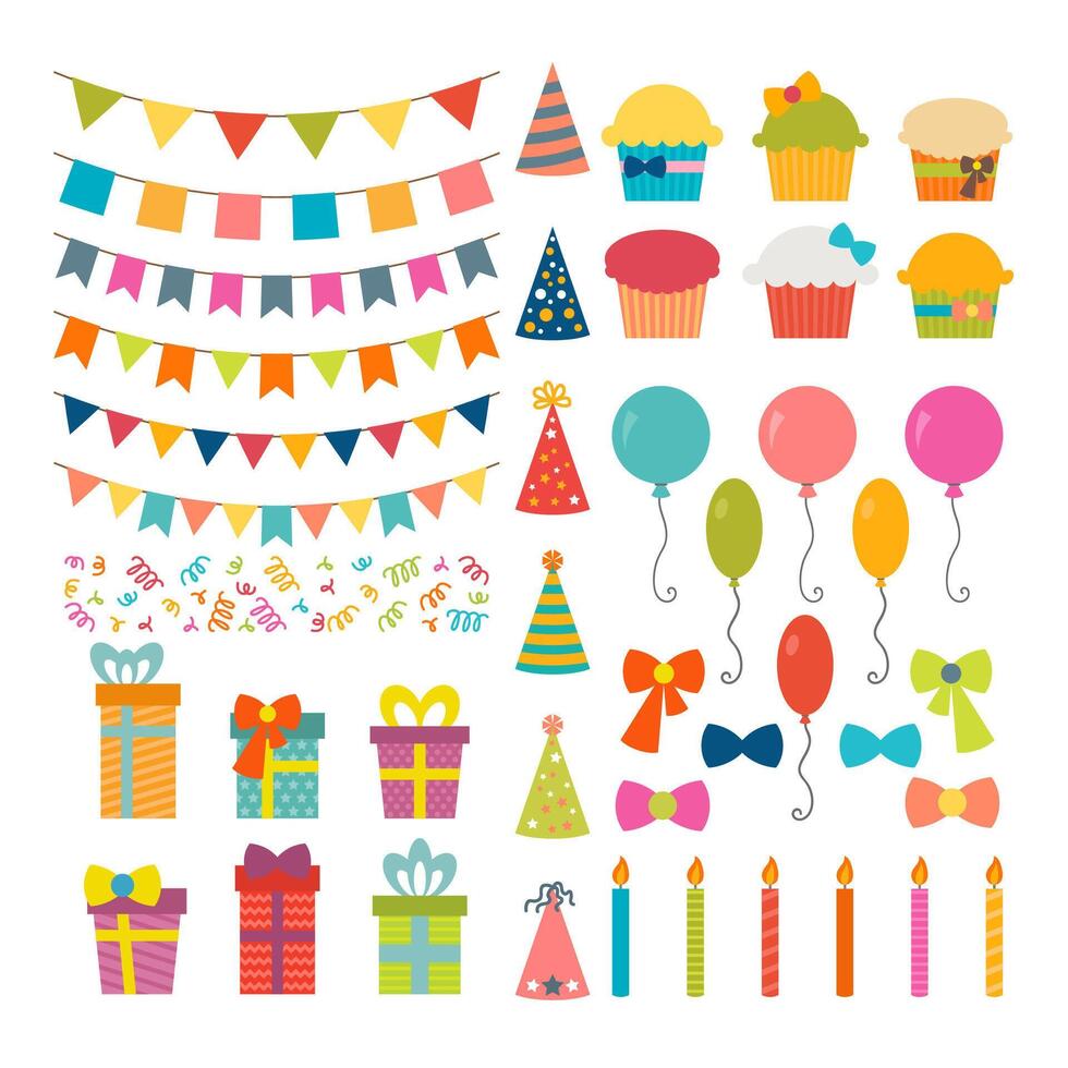 Set of birthday party design elements. Colorful balloons, flags, confetti, cupcakes, gifts, candles, bows and decorative ribbons vector