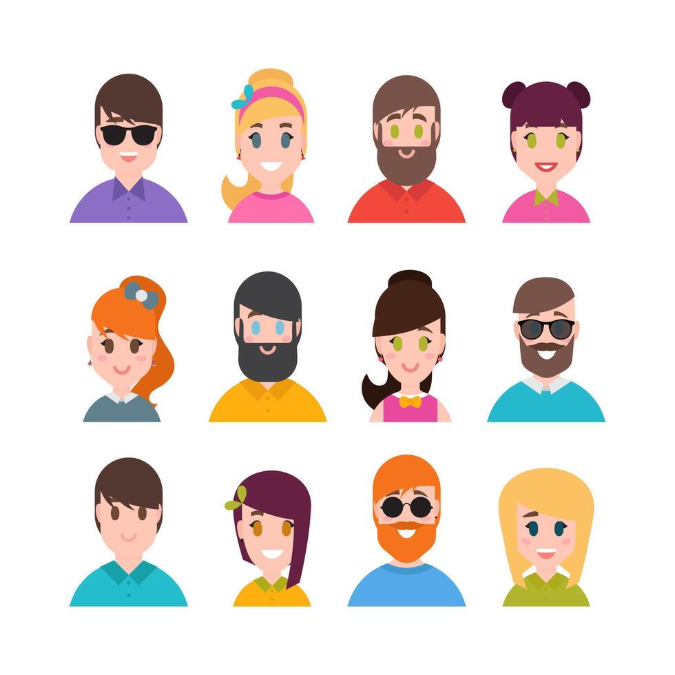 People avatars collection. Simple flat cartoon style. Male and female portraits. Men, boys, girls and women characters vector