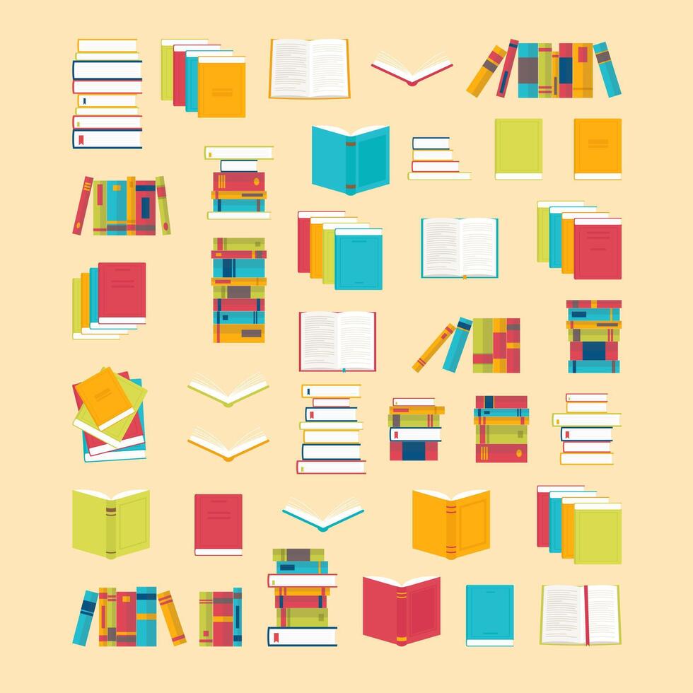 Book icons set in flat style for your design. School books background. Library, bookstore. Education concept vector