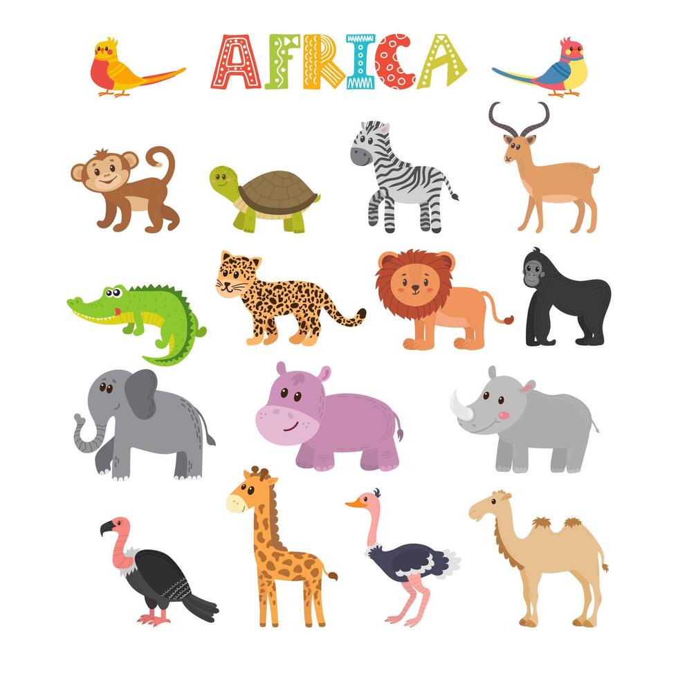 Animals of Africa. Vector set of cartoon jungle animals