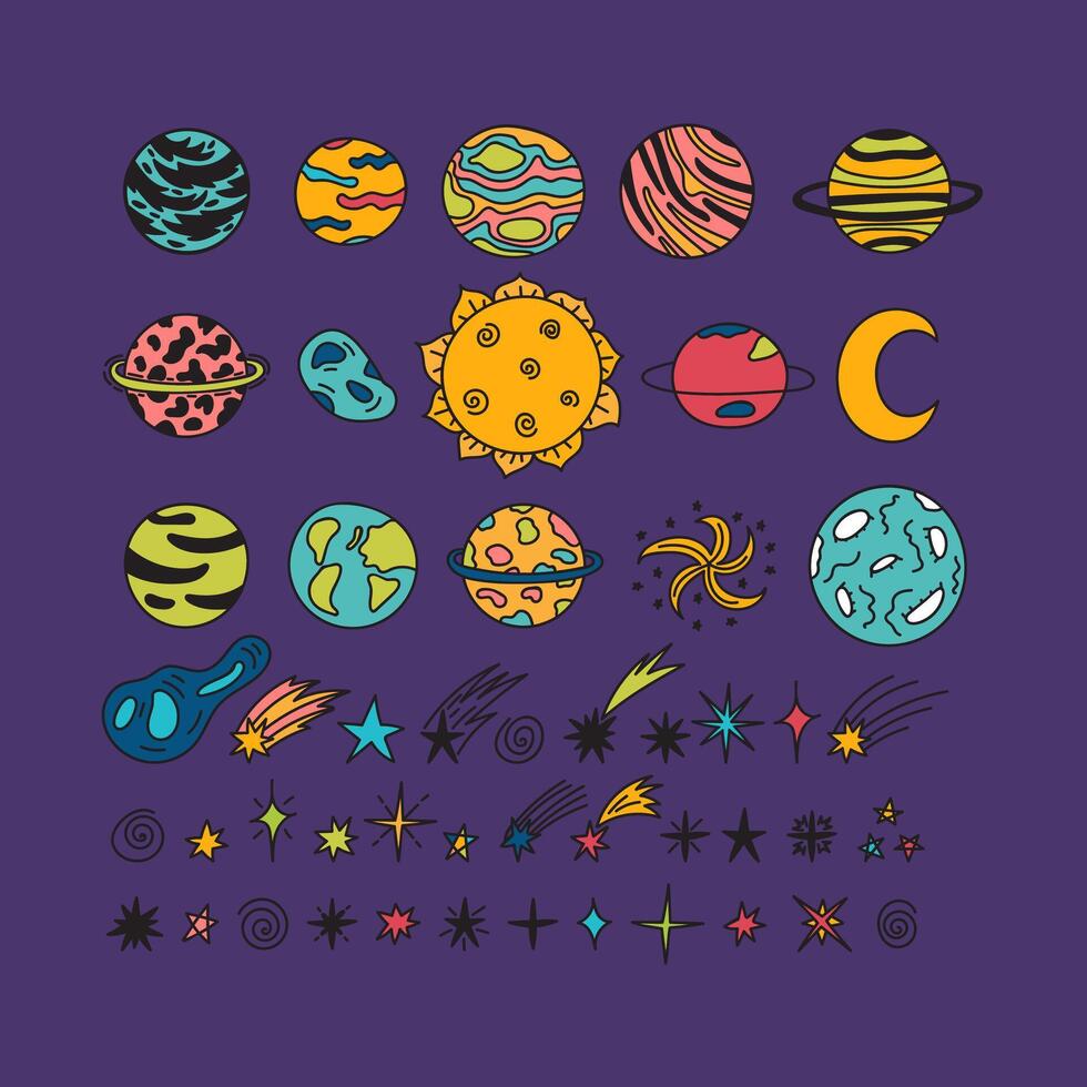 Hand drawn planets, stars, asteroids and other space objects. Sketch set of space elements and symbols. Cute doodle style. Universe, galaxy vector
