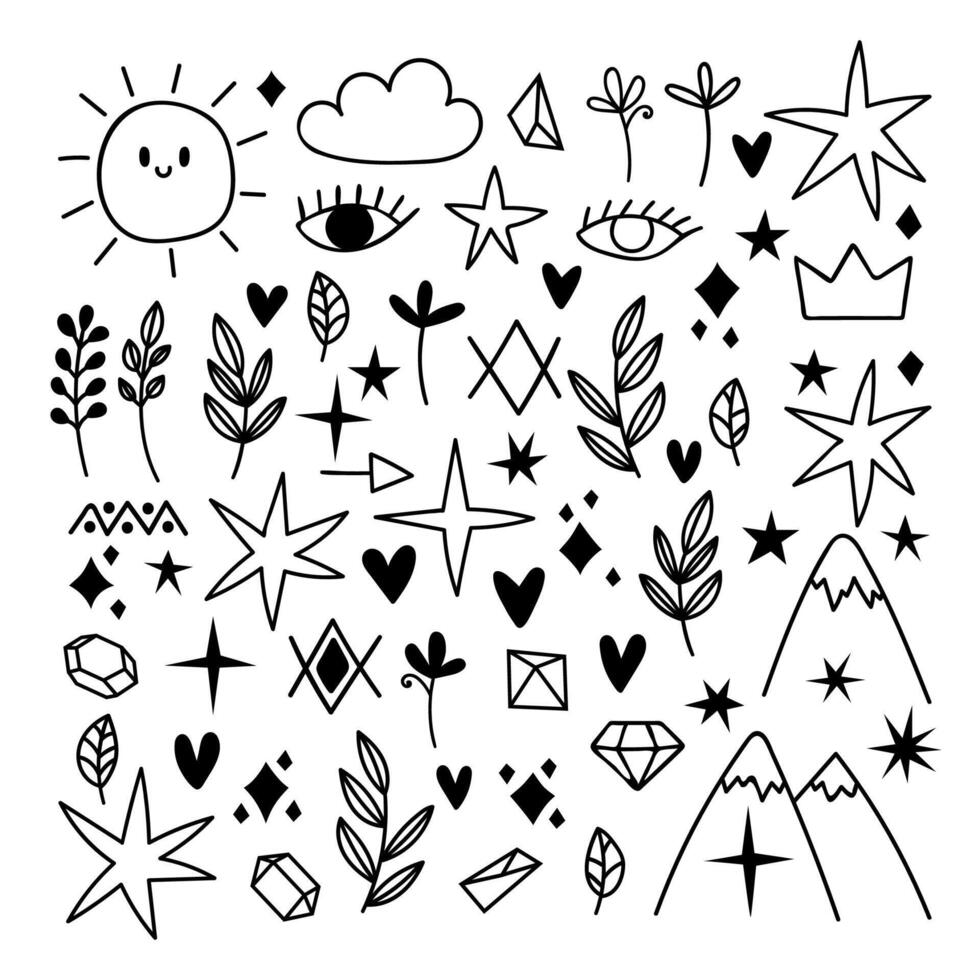 Big set of hand drawn design elements. Doodle style. Sketch of star, heart, mountain, leaf. Black tattoo vector