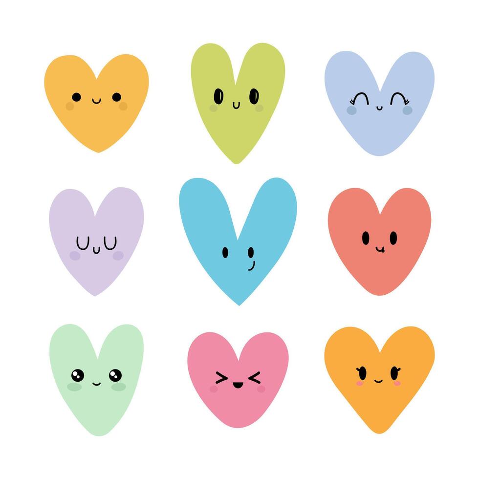 Funny happy hearts in kawaii style. Cute cartoon characters. Creative hand drawn hearts with different emotions. Bright vector set of heart icons