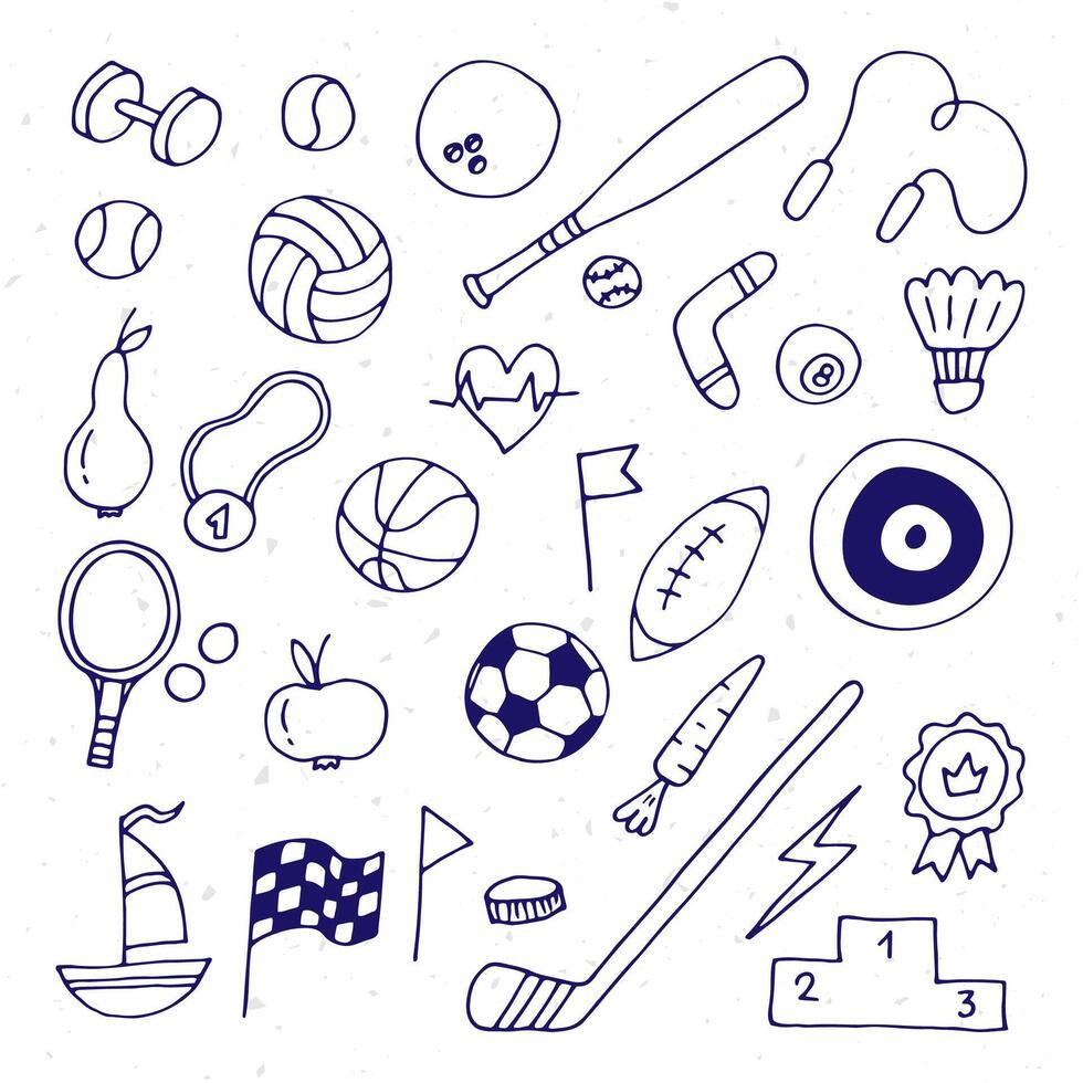 Set of hand drawn sport elements. Sport equipments icons collection. Fitness, healthy lifestyle vector