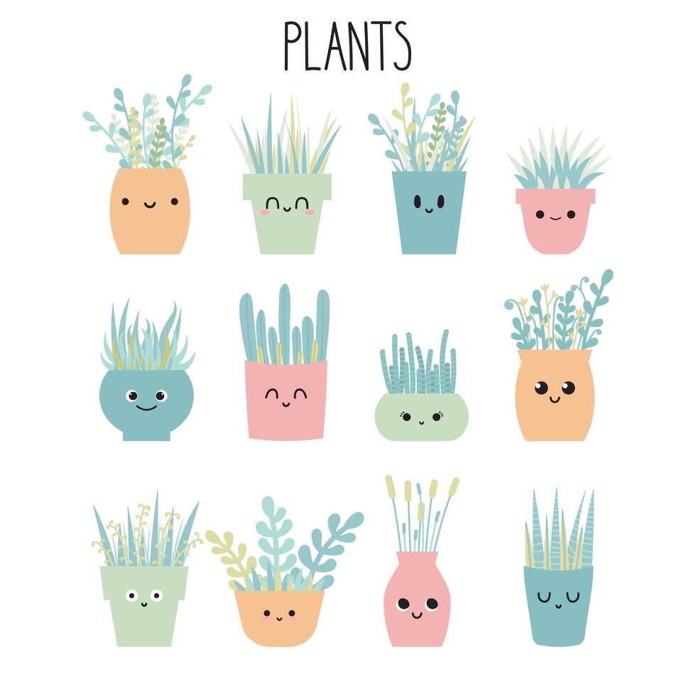 Set of hand drawn plants. Flowers in pots. Collection of garden plants vector
