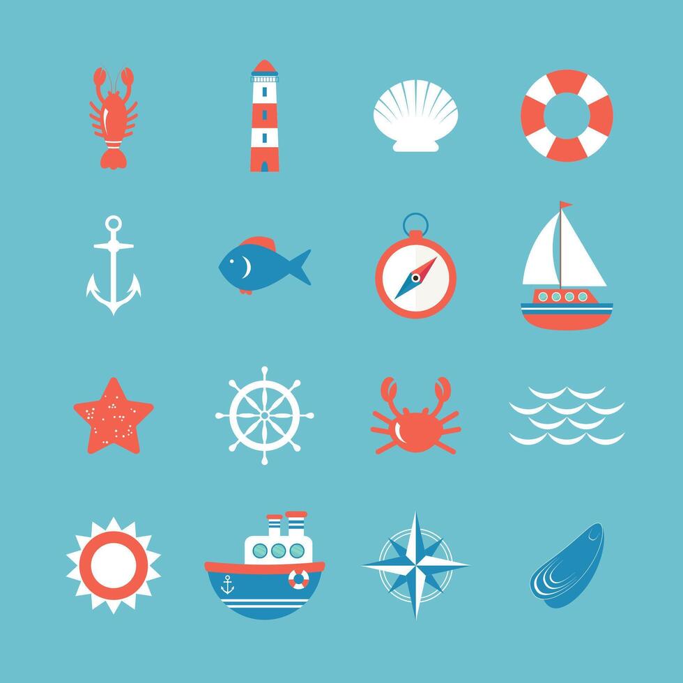 Decorative nautical icon set. Marine theme vector