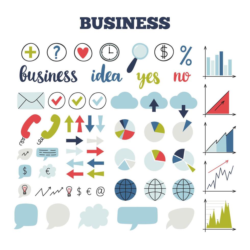 Business icons. Set of icons for finance, marketing, management, strategy and communication. Money. Information technology. Flat design. Hand drawn vector