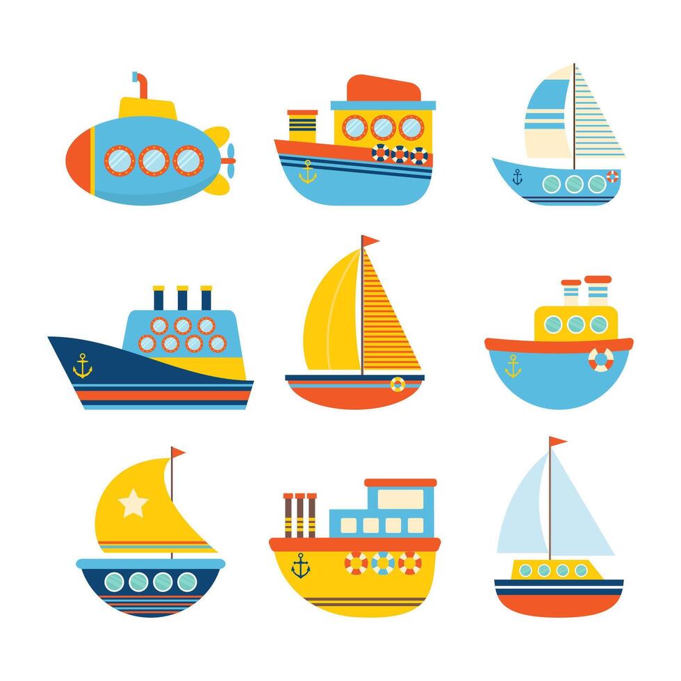 Set of sea transport. Different kind of boats. Fishing boats, yachts and sailboats vector