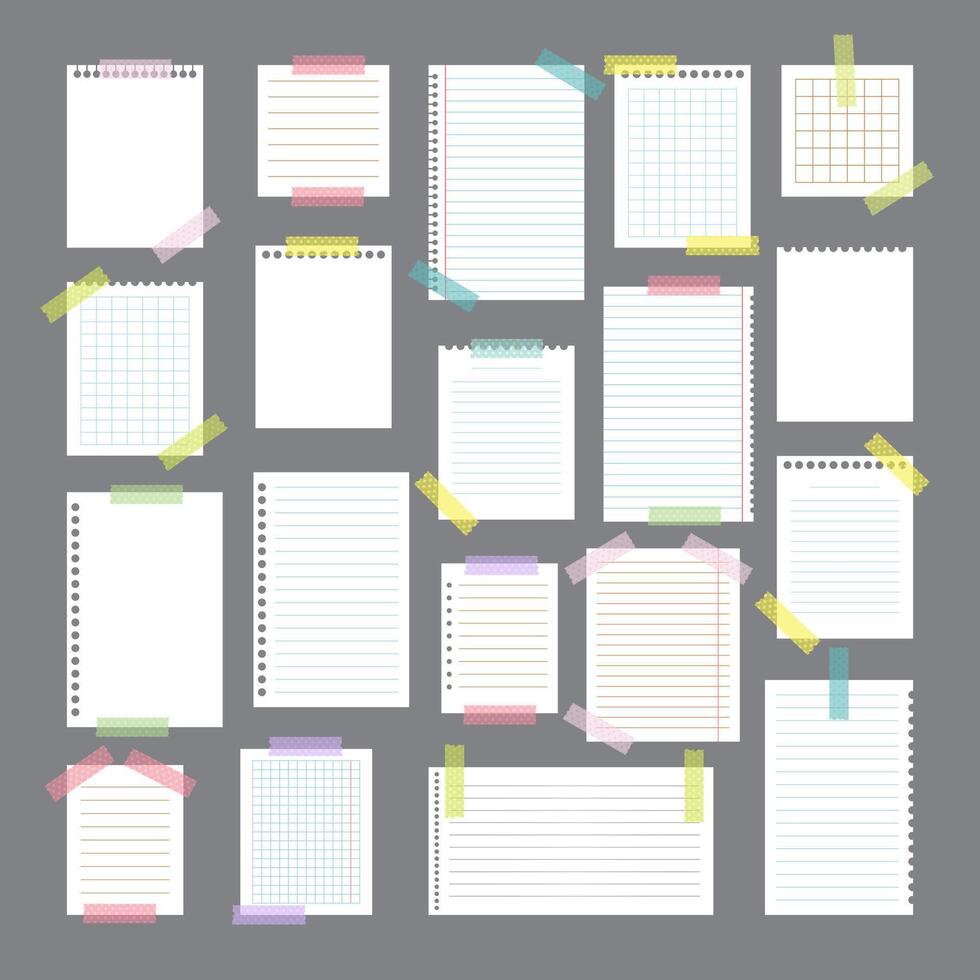 Collection of various note papers with different tape strips. Cute design elements vector