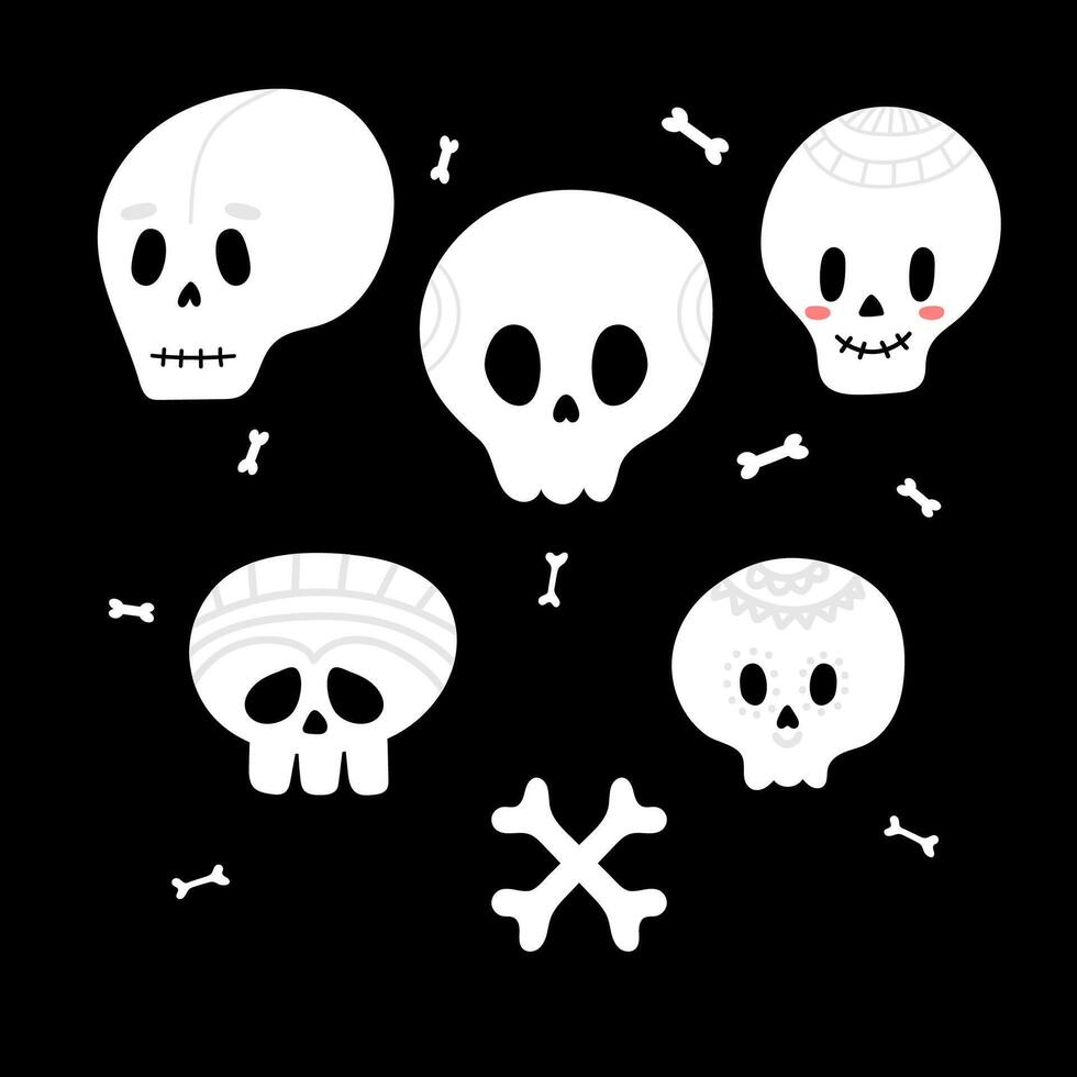 Set of Halloween skulls with crossbones. Monsters faces. Design elements for logo, banner, label, poster vector