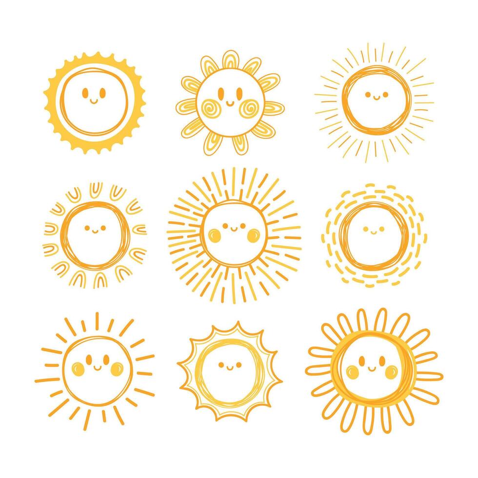 Set of hand drawn sun symbols. Collection of smiling sun characters. Doodle vector