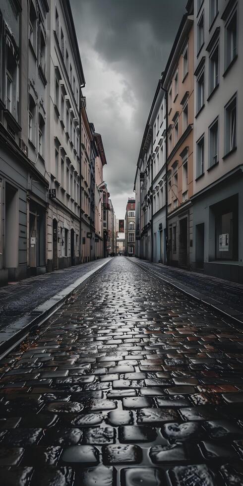 AI generated Old European Cobblestone Street and Historic Buildings photo