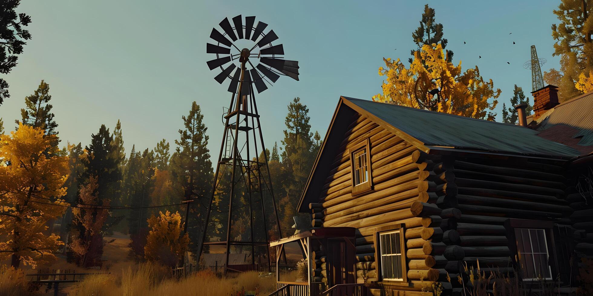 AI generated Rustic Wooden Windmill Against Clear Blue Sky photo