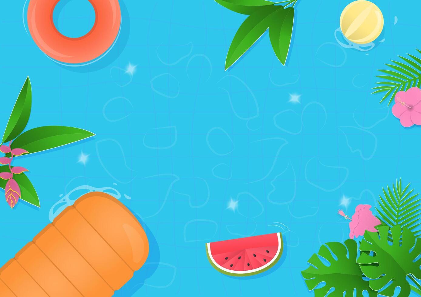 Tropical trees and inflatable rings in swimming pool background vector