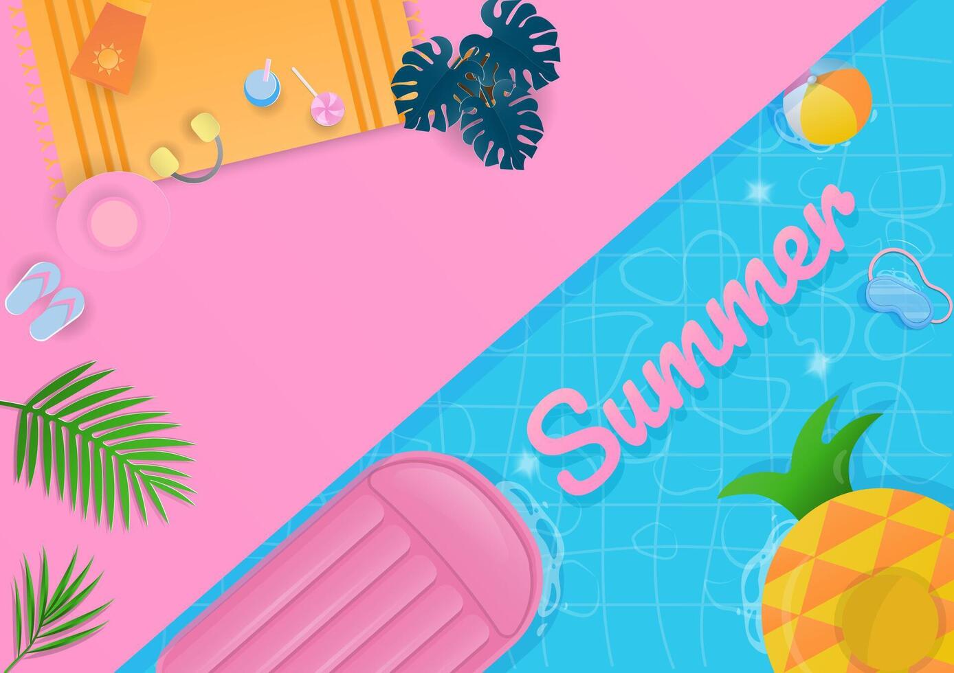 Cute summer elements on pink background with swimming pool vector