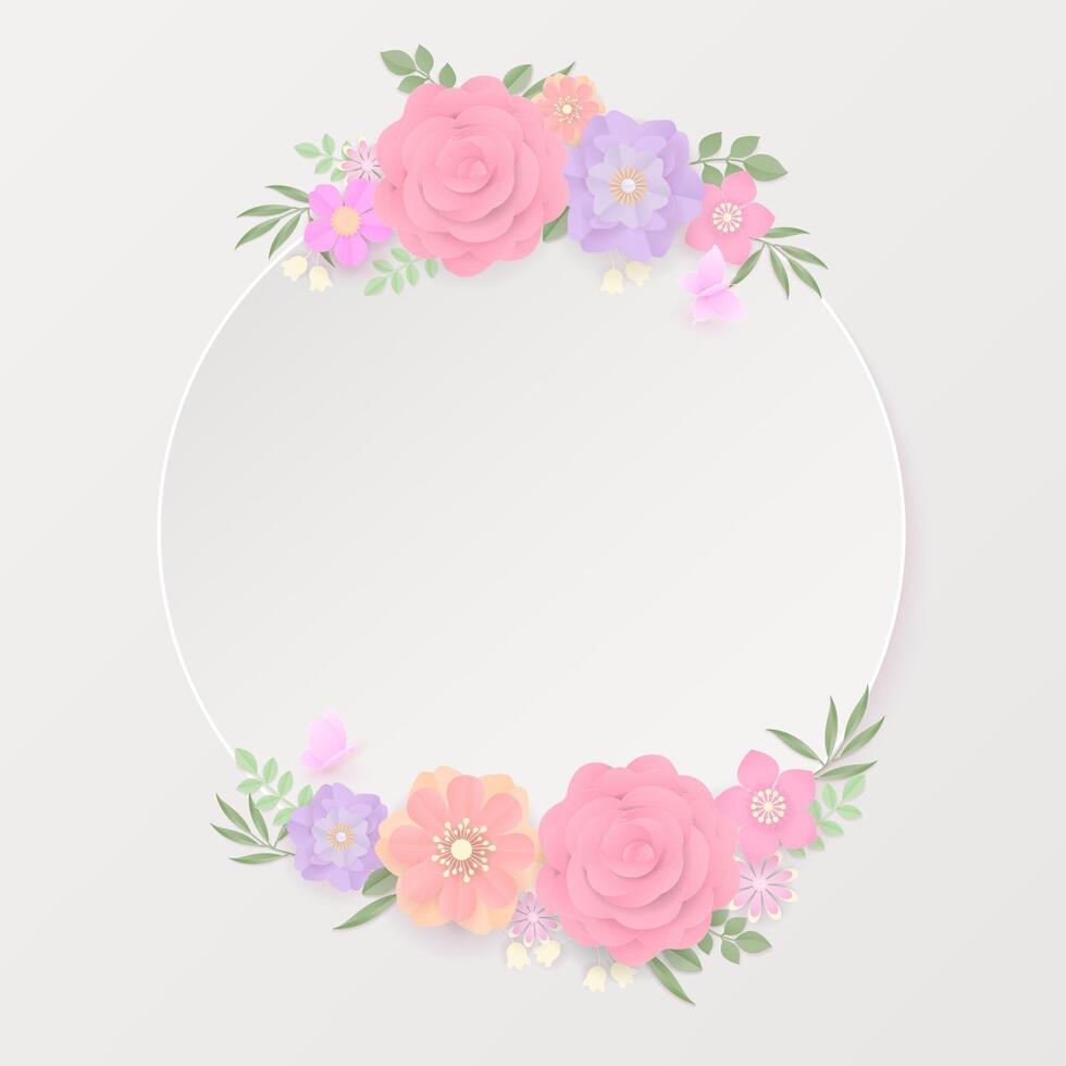 Pastel paper flowers wreath and white banner vector