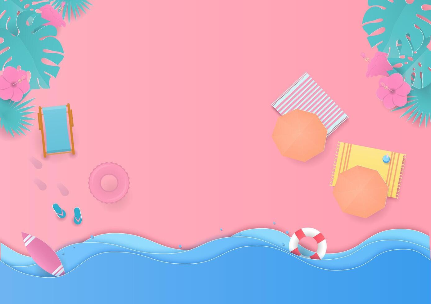 Sea wave and tropical trees on the beach with pink background vector