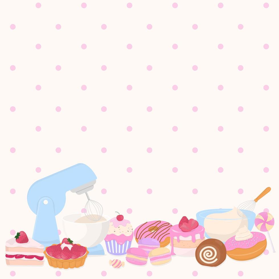 Sweet bakery and electric mixer on polka dot pattern vector