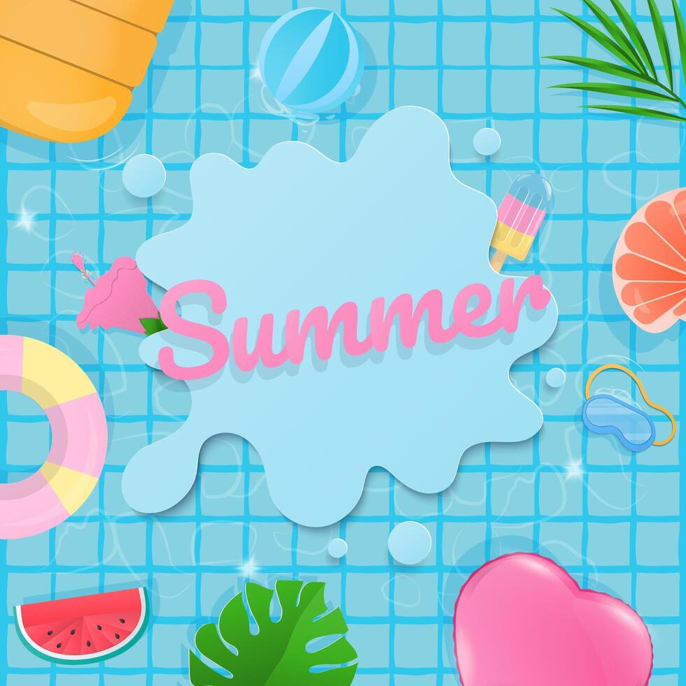 Summer banner and inflatable swim ring in swimming pool vector