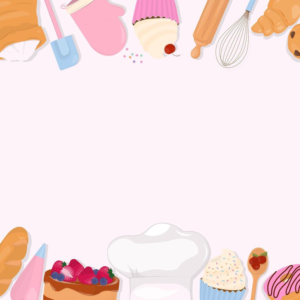 Cake and bread with baking tools on white background vector