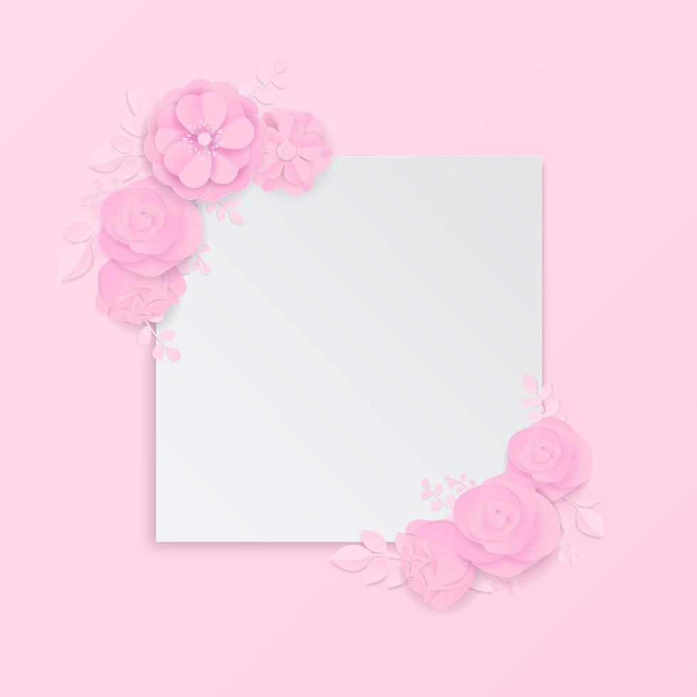 Pink paper flowers wreath and white banner vector
