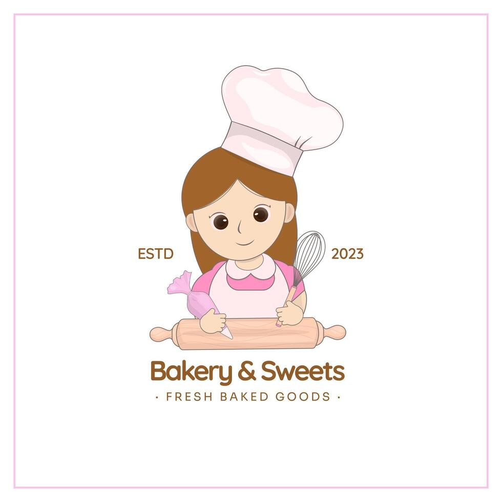 Cute girl with rolling pin bakery shop logo vector