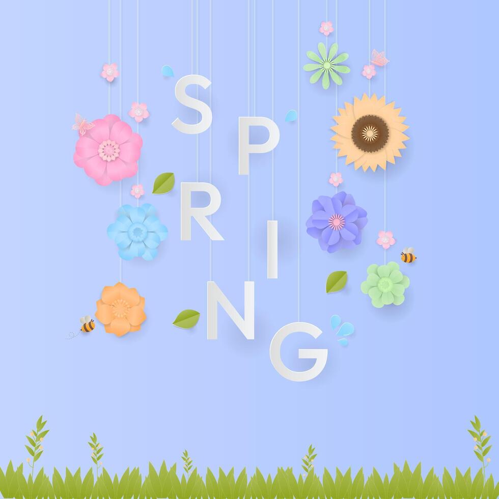 primavera texto con vistoso flor y césped vector