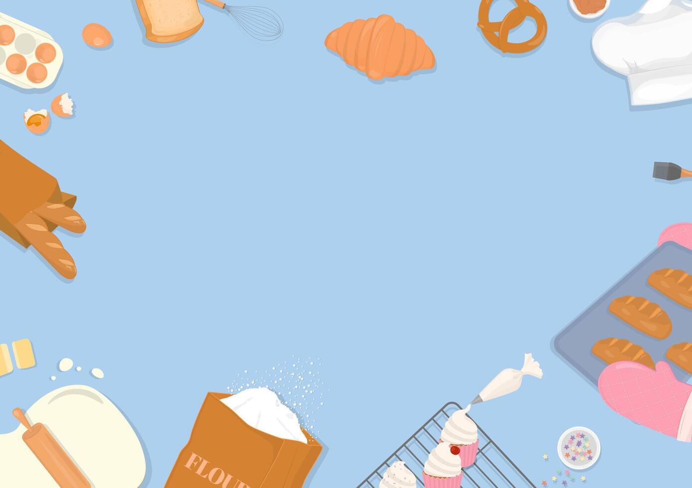 Bread and baking ingredients on blue background vector
