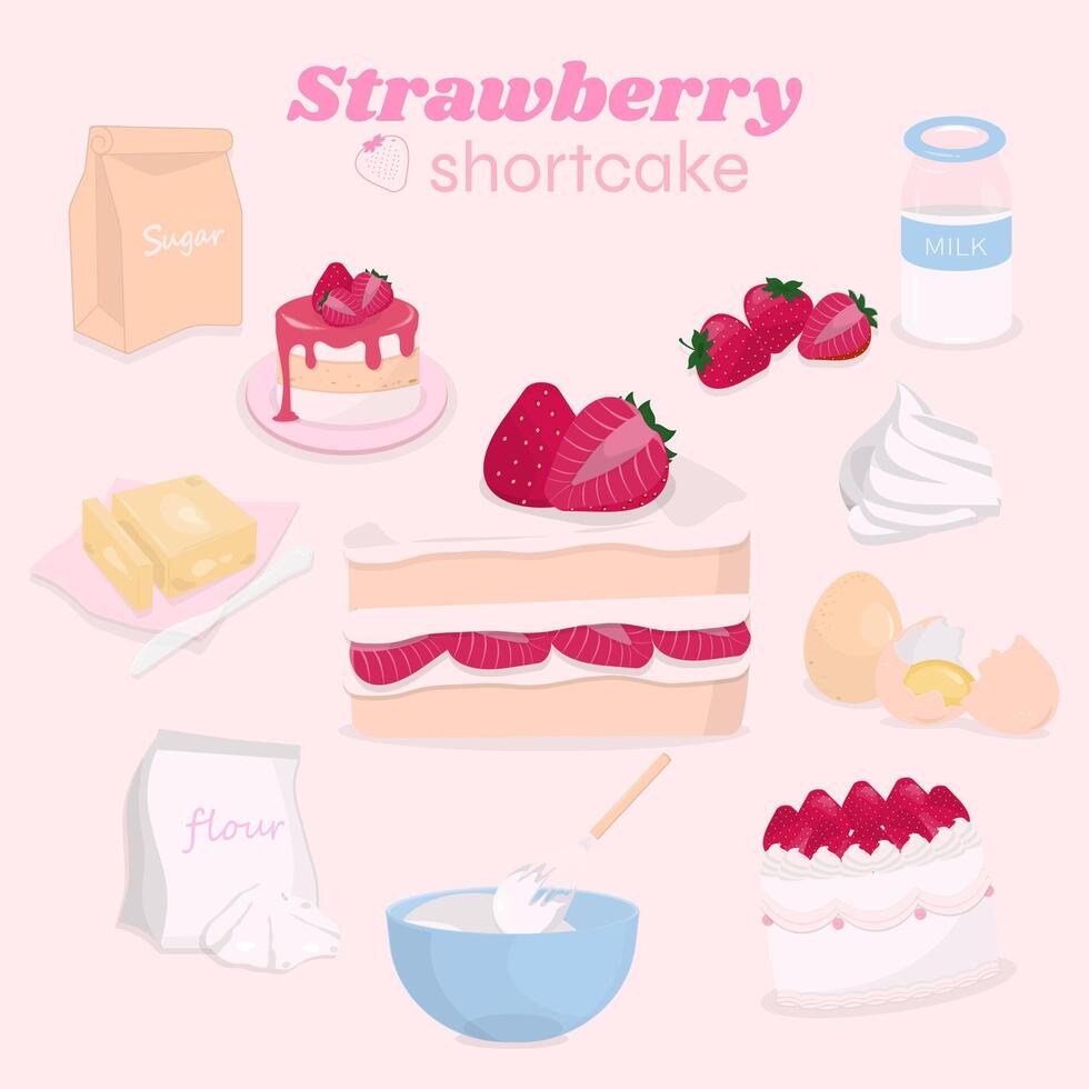 Strawberry shortcake recipe on white background vector