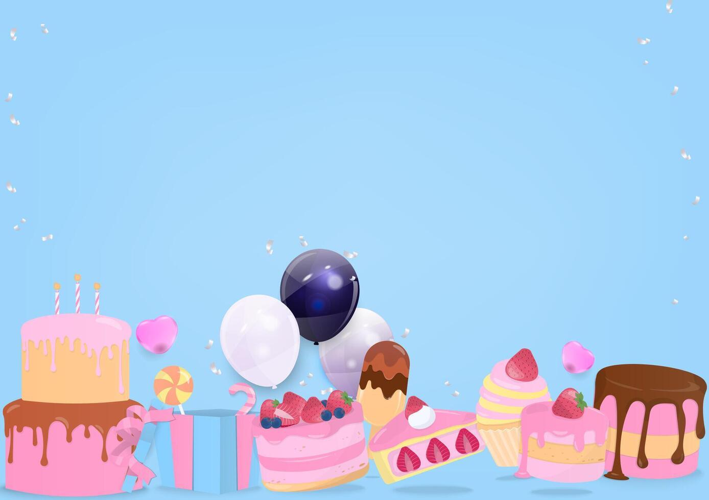 Pastel cakes with balloon on blue background vector