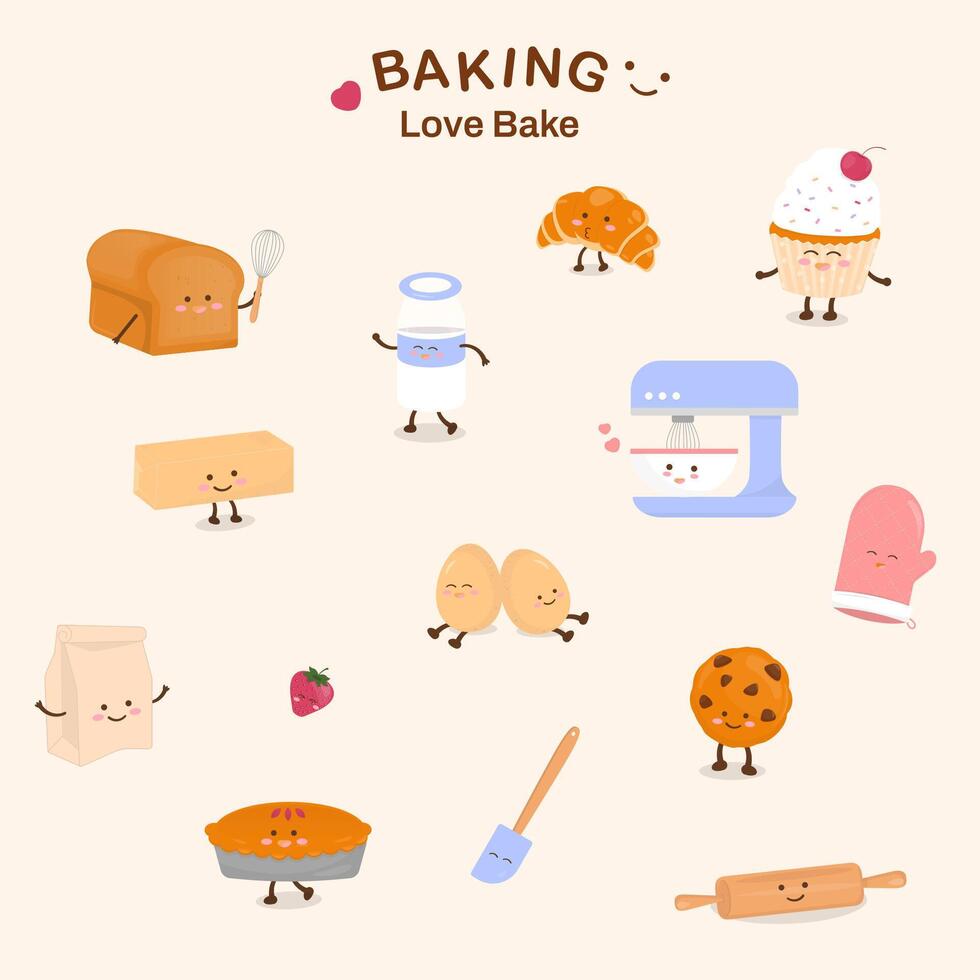 Cute bakery elements with cartoon style vector