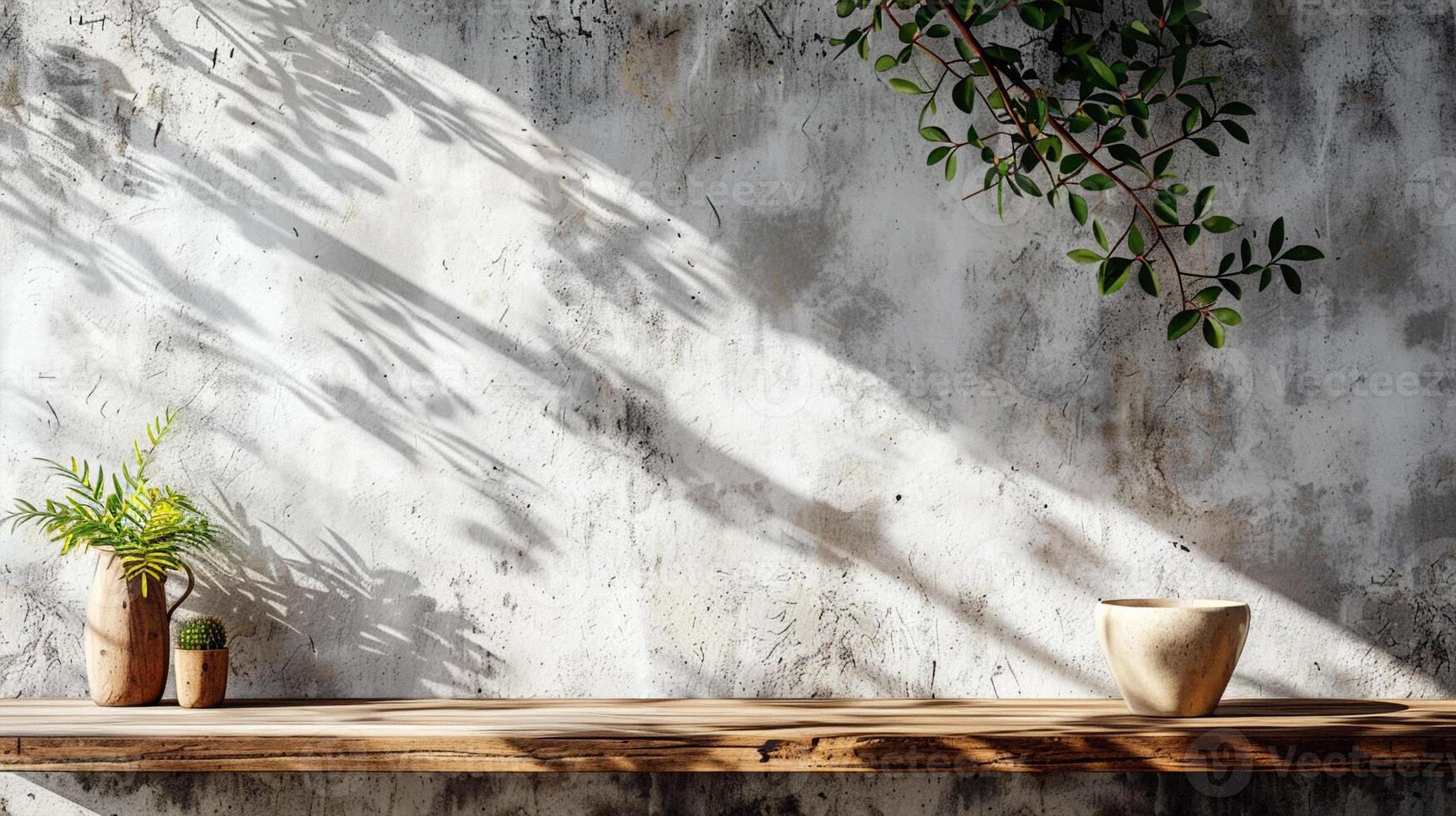 AI generated Mock up with natural soft shadow from palm leaves for product presentation or showcase on stone textured background. Beautiful simple AI generated image in 4K, unique. photo