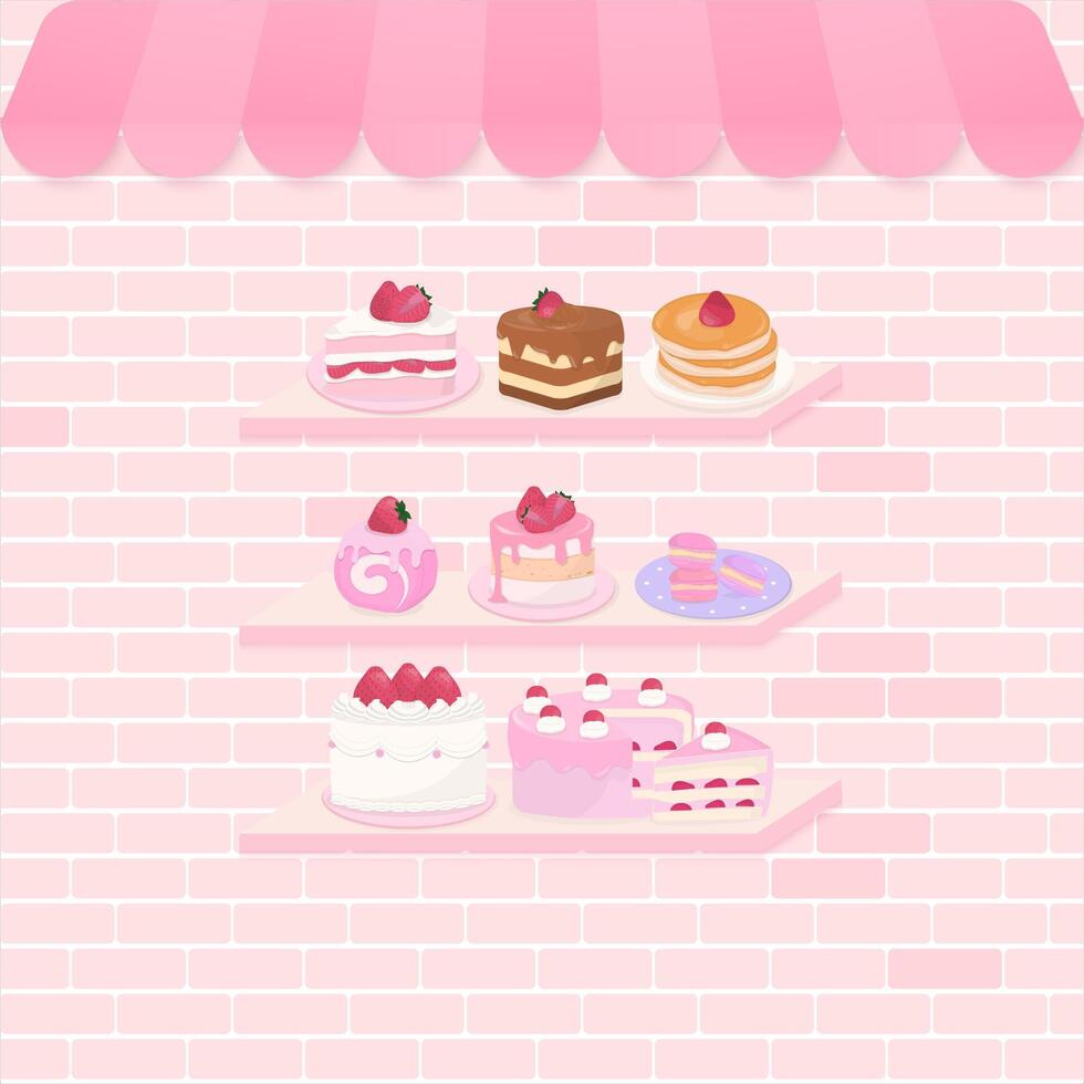 Cake and pastry bakery on brick wall background vector