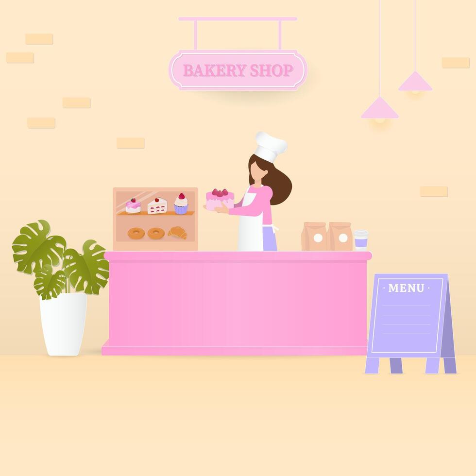 Bakery shop with female chef and counter vector