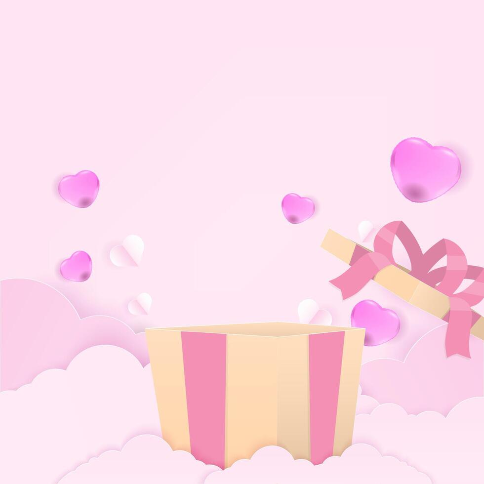 Gift box with heart balloon and cloud background vector