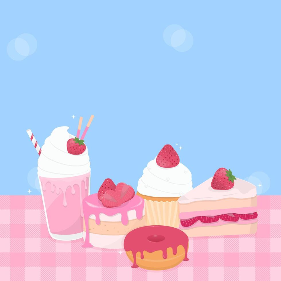 fresa pastel y panadería con azul antecedentes vector