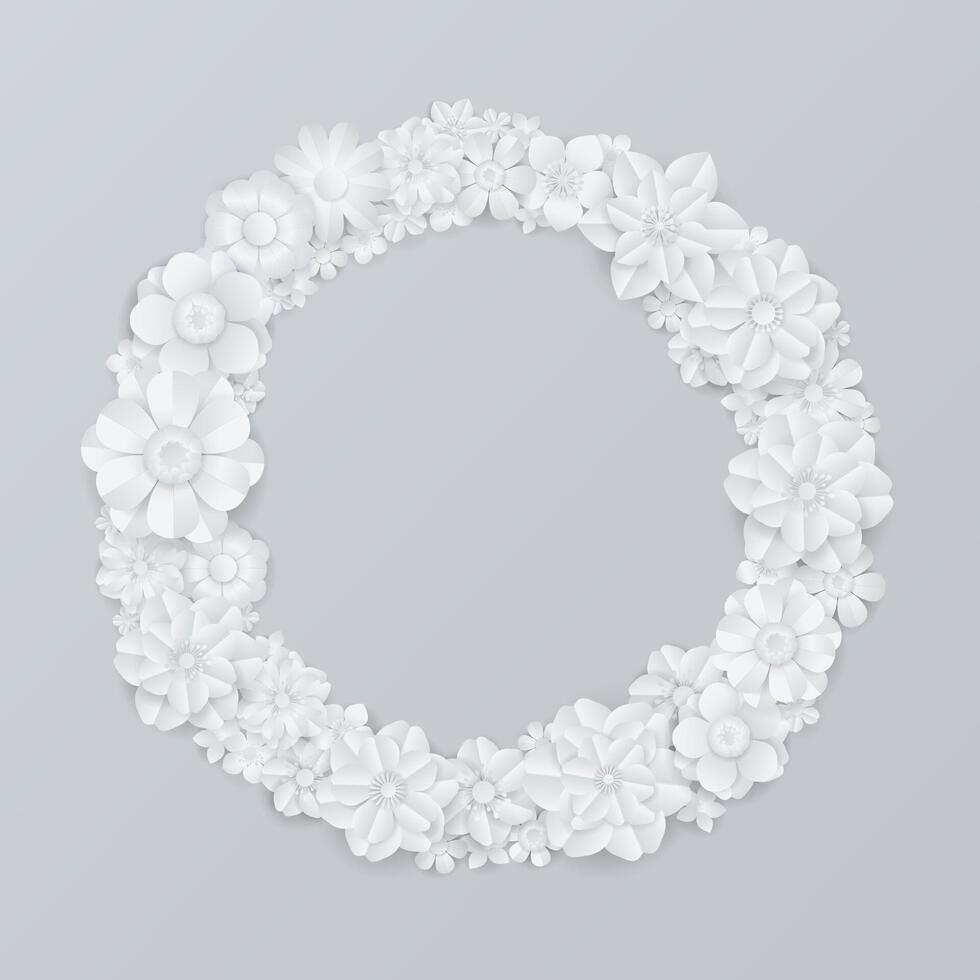 White paper flowers wreath on gray background vector