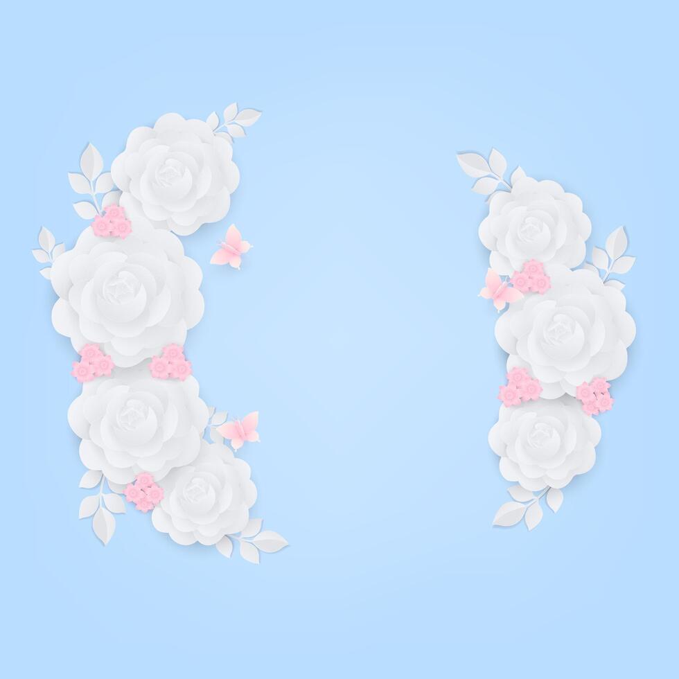 White rose wreath  with leaf and butterfly vector
