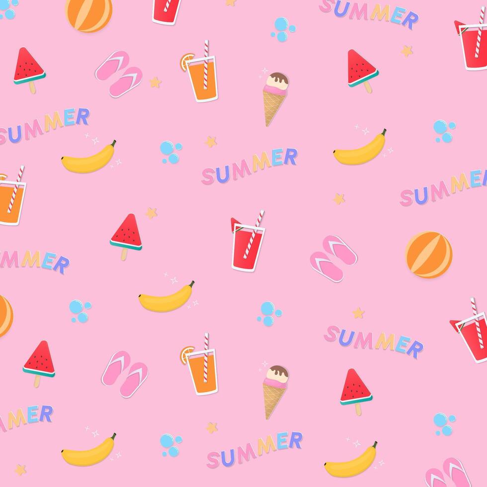 Summer pattern with text and drinks on pink background vector
