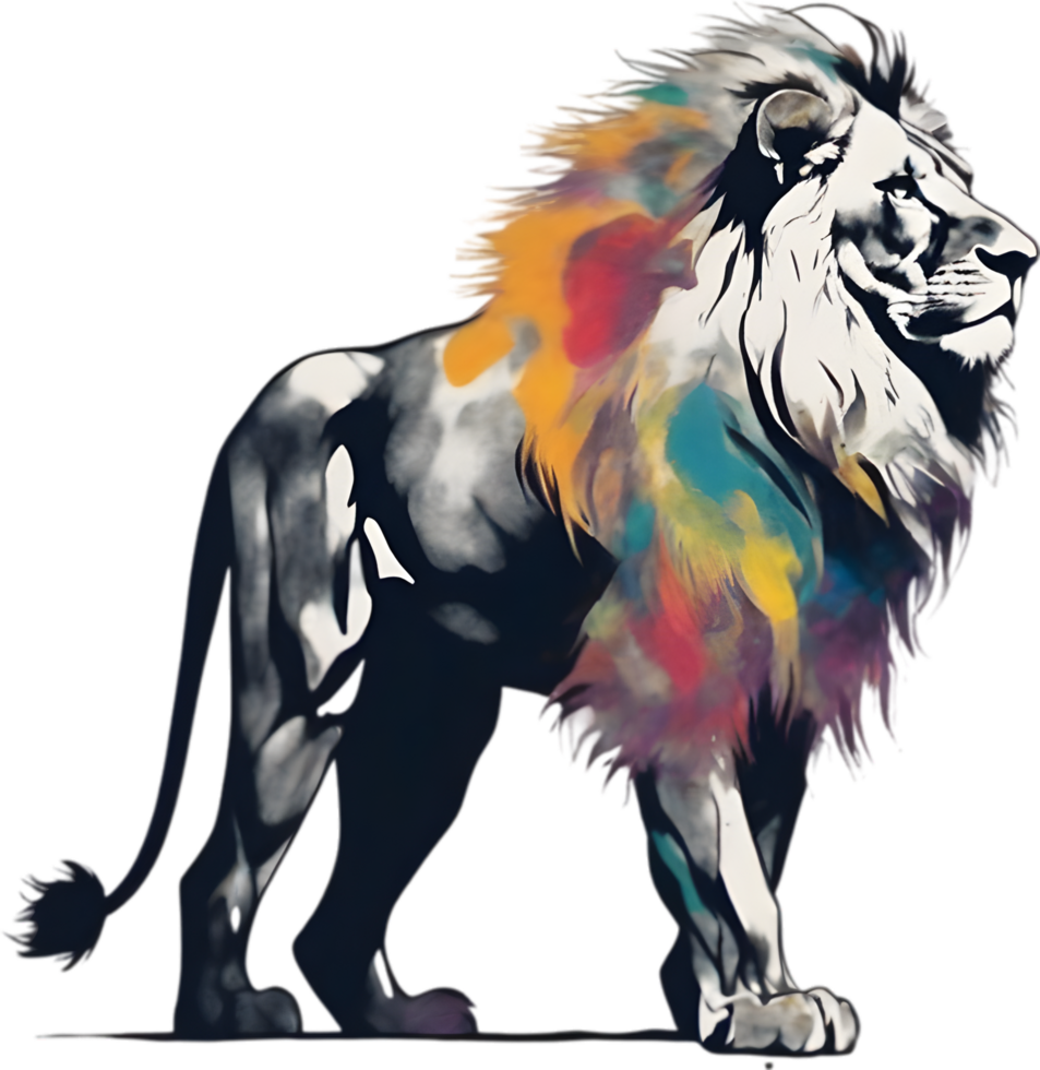 AI generated Japanese-style painting with brush strokes of Lion with colorful hair. png