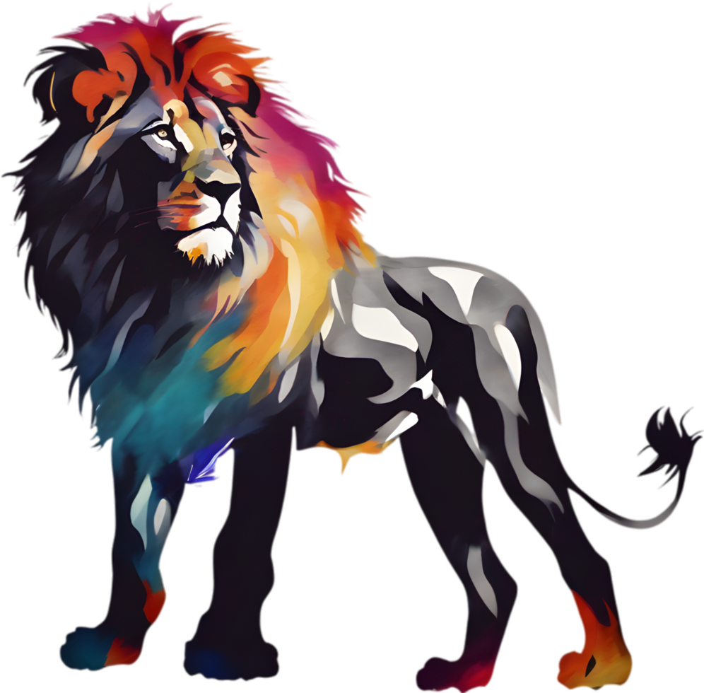 AI generated Japanese-style painting with brush strokes of Lion with colorful hair. png