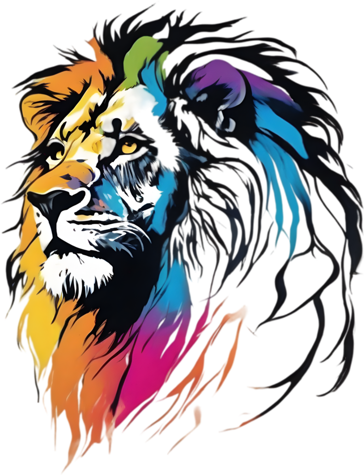 AI generated Japanese-style painting with brush strokes of Lion with colorful hair. png