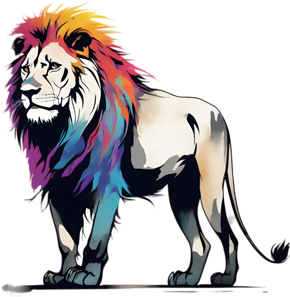 AI generated Japanese-style painting with brush strokes of Lion with colorful hair. png
