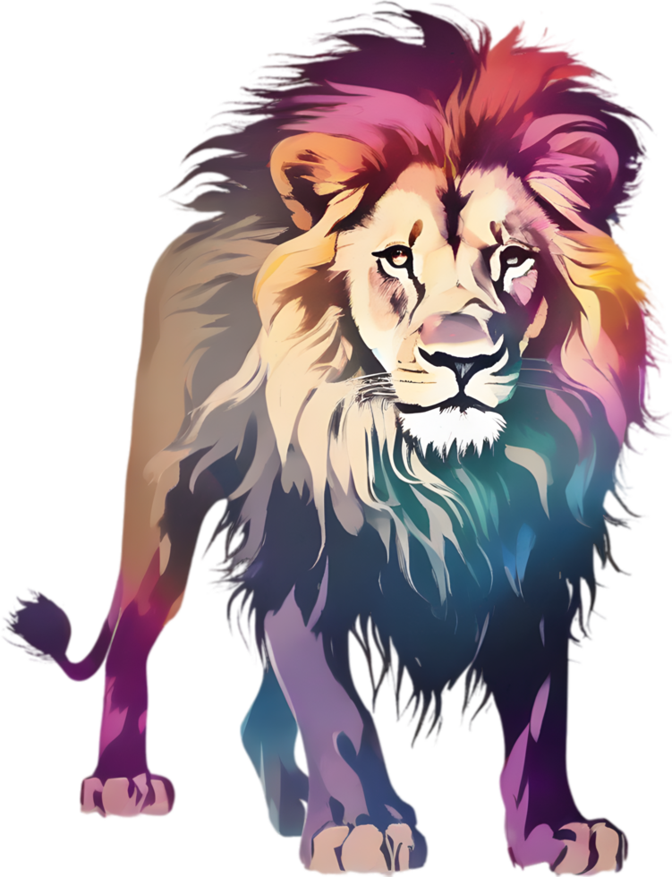 AI generated Japanese-style painting with brush strokes of Lion with colorful hair. png