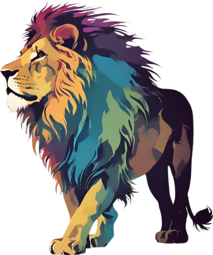 AI generated Japanese-style painting with brush strokes of Lion with colorful hair. png