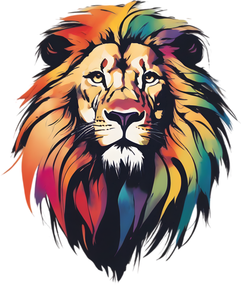 AI generated Japanese-style painting with brush strokes of Lion with colorful hair. png