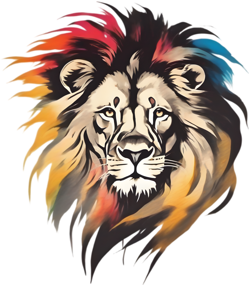 AI generated Japanese-style painting with brush strokes of Lion with colorful hair. png